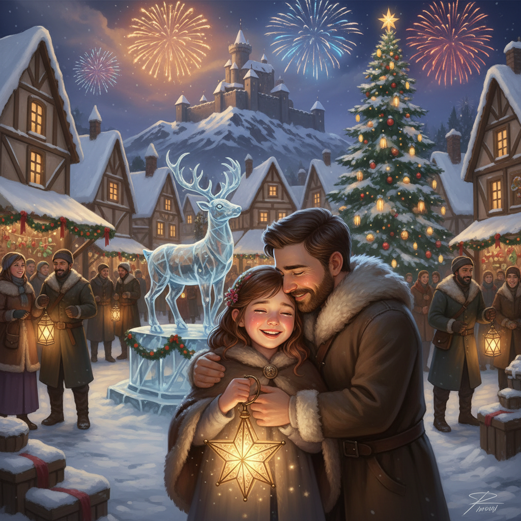 A heartwarming moment at the winter festival with a father and daughter holding a glowing star lantern, an ice sculpture deer, fireworks, and a decorated Christmas tree