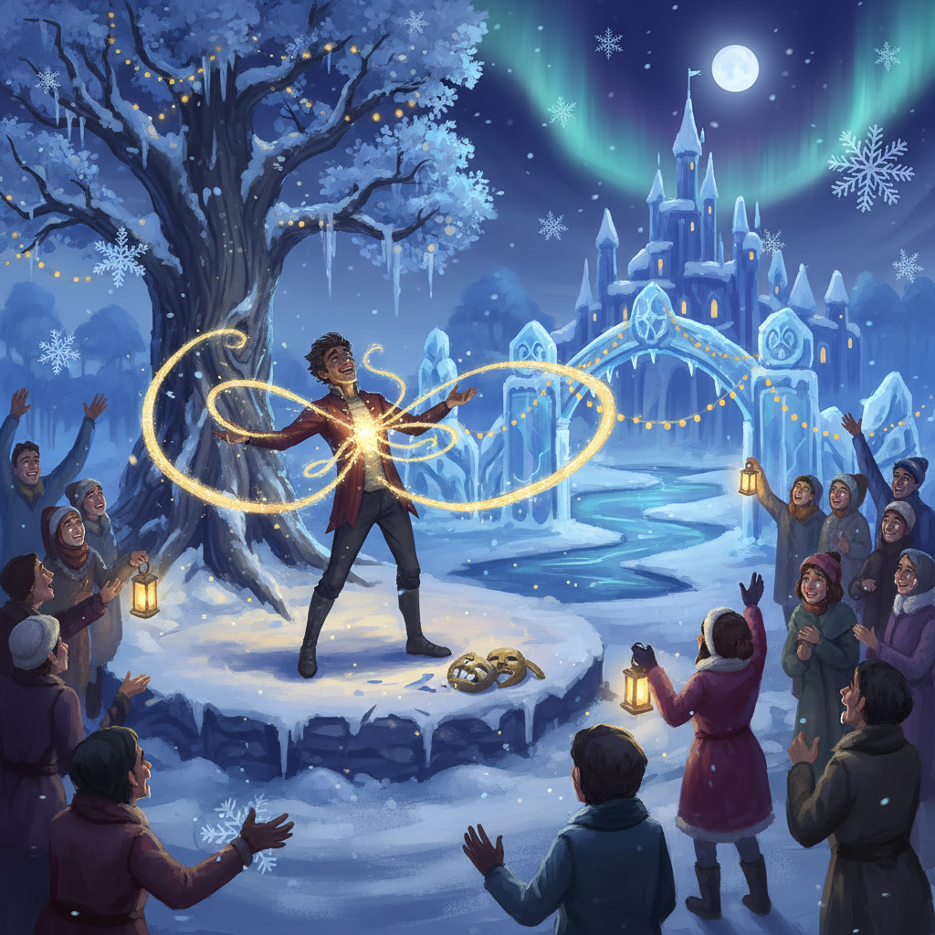 A magical performer weaving golden light magic for an enchanted crowd