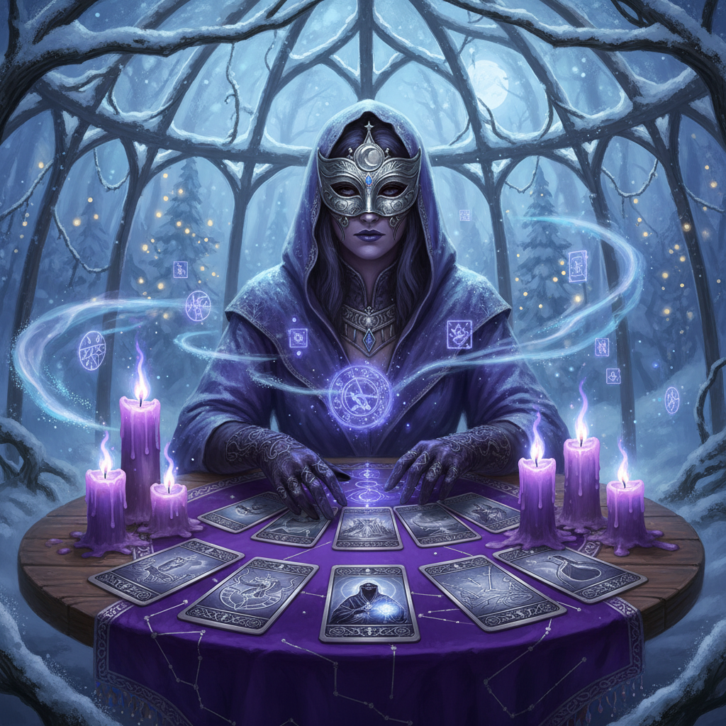 Madame Zelda the mystical fortune teller with glowing crystal ball