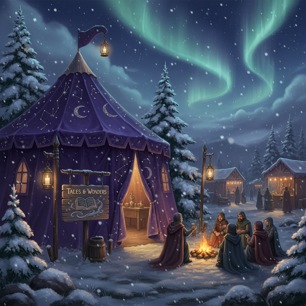 The Tales & Wonders tent with people gathered around a fire under the northern lights
